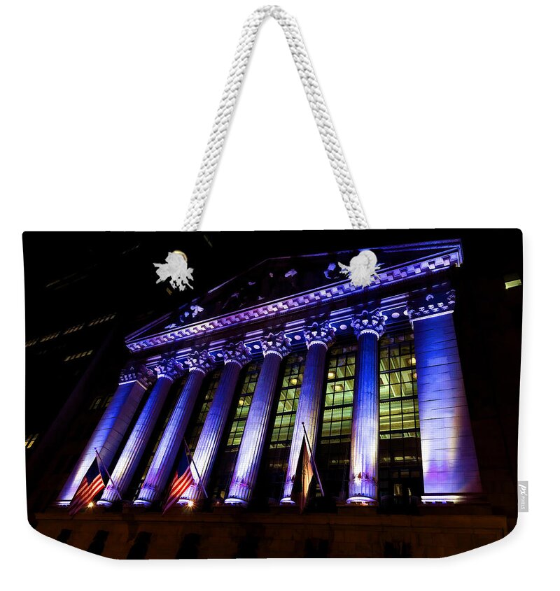Georgia Mizuleva Weekender Tote Bag featuring the digital art Purple New York Stock Exchange at Night - Impressions Of Manhattan by Georgia Mizuleva