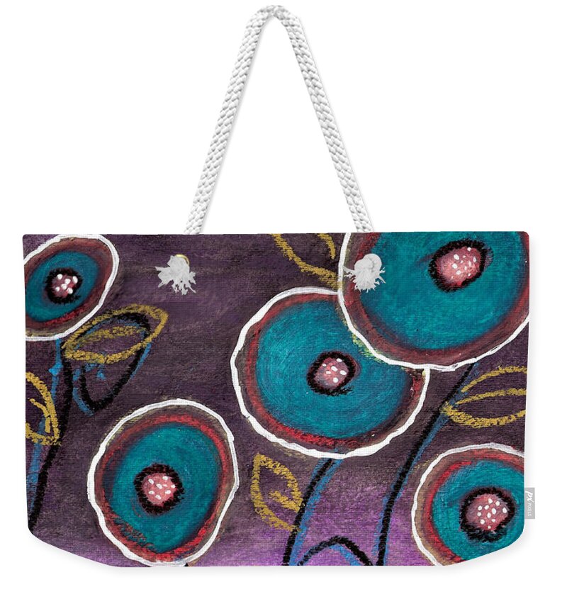 Abstract Flowers Weekender Tote Bag featuring the painting Purple night by Abril Andrade