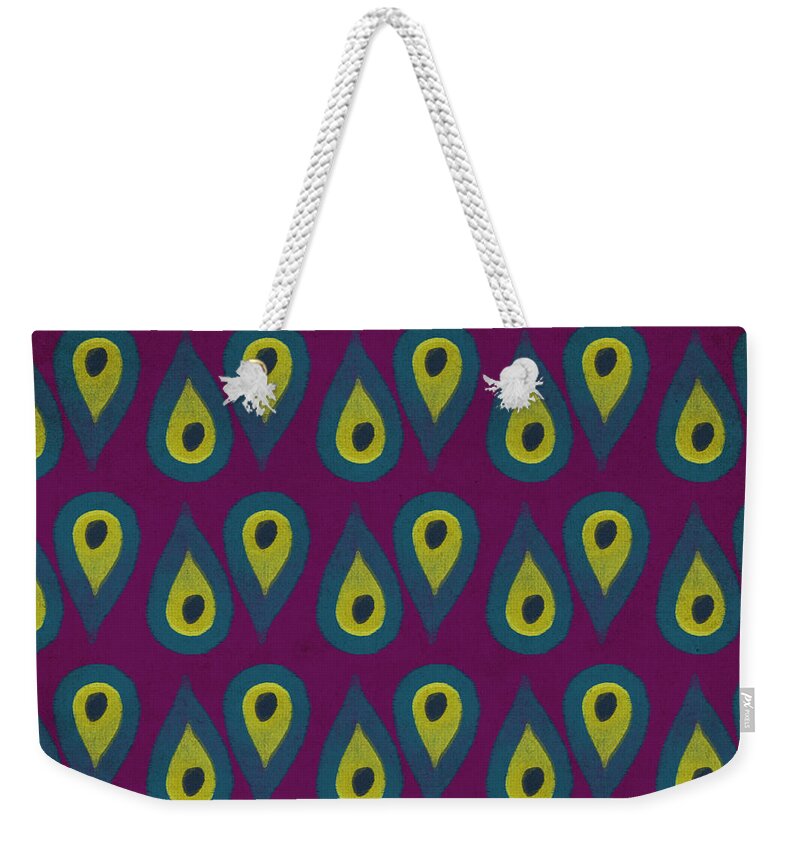 Pattern Weekender Tote Bag featuring the mixed media Purple Peackock Print by Linda Woods