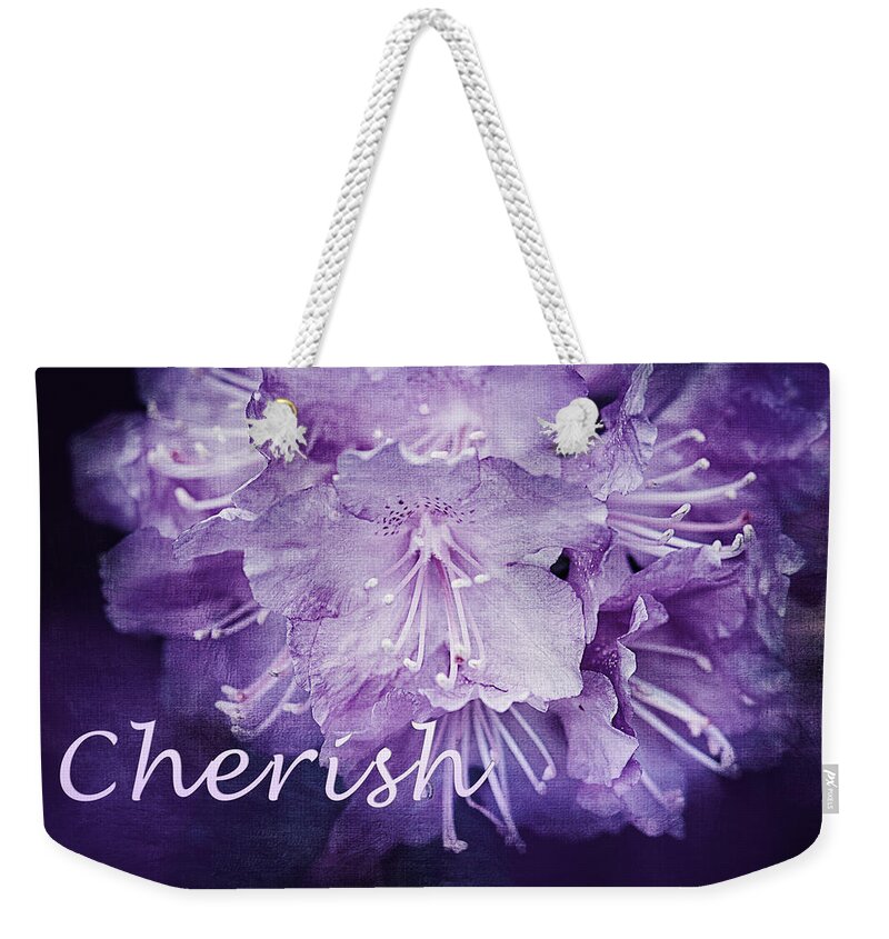 Rhododendron Print Weekender Tote Bag featuring the photograph Purple Rhododendron Inspirational Print by Gwen Gibson