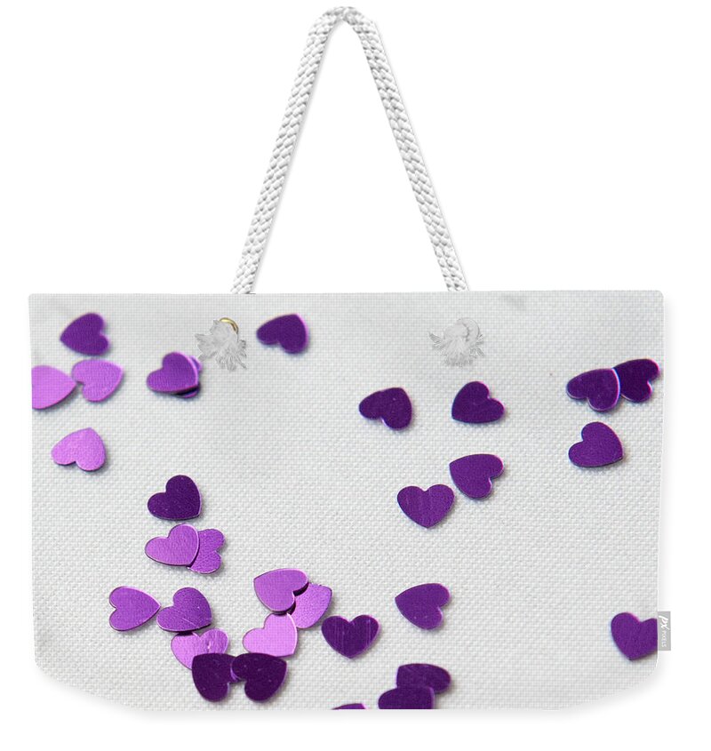 Hearts Weekender Tote Bag featuring the photograph Purple Scattered Hearts ii by Helen Jackson