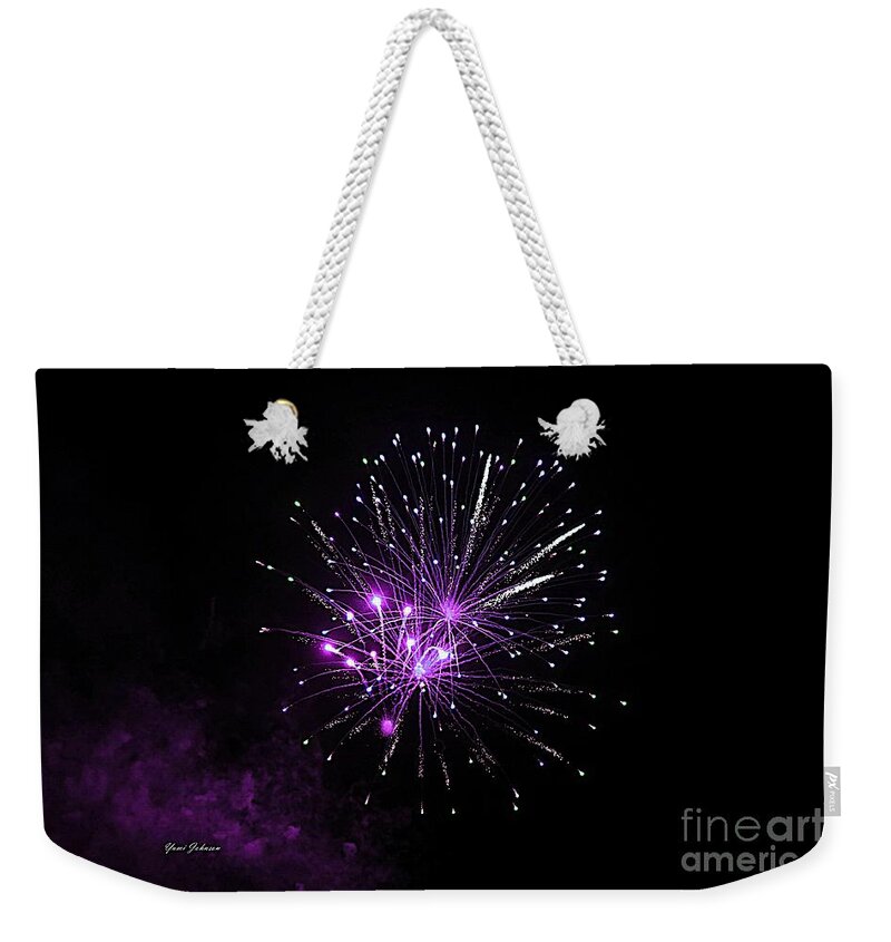 Fireworks Weekender Tote Bag featuring the photograph Purple sparkle in the Sky by Yumi Johnson