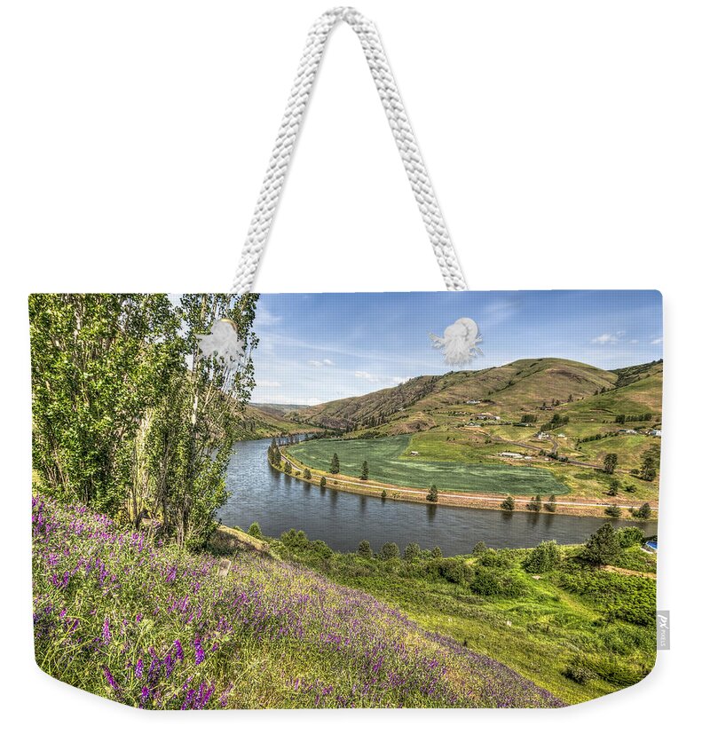 Purple Weekender Tote Bag featuring the photograph Purple Wildflowers on the Hillside by Brad Stinson