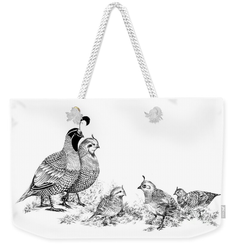 Quail Weekender Tote Bag featuring the drawing Quail Family Outing by Alice Chen