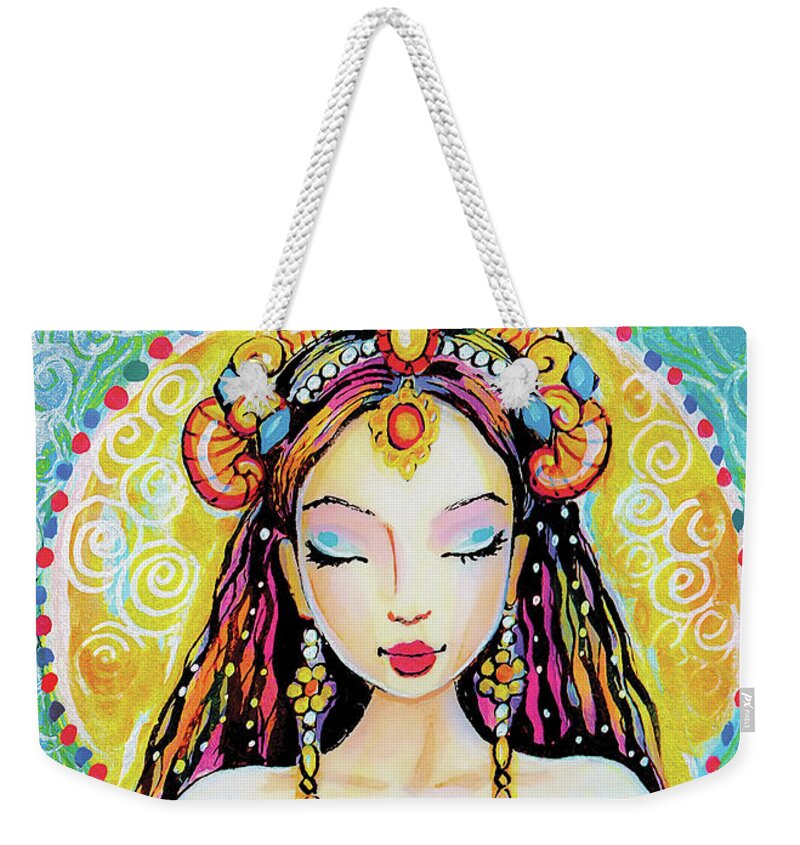 Indian Goddess Weekender Tote Bag featuring the painting Quan Yin by Eva Campbell