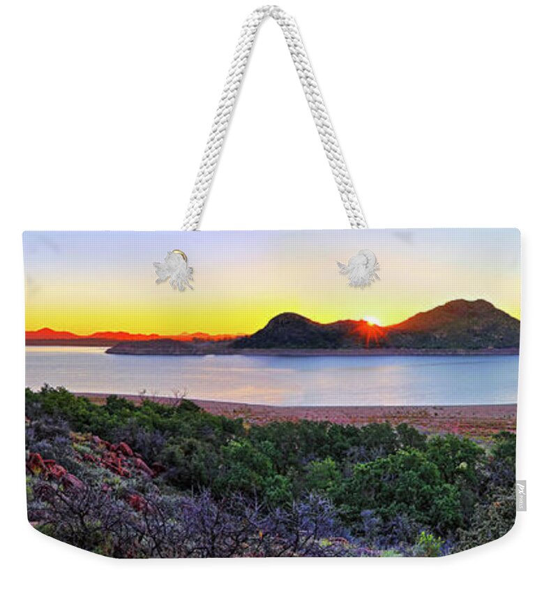 Quartz Mountains Weekender Tote Bag featuring the photograph Quartz Mountains and Lake Altus Panorama - Oklahoma by Jason Politte