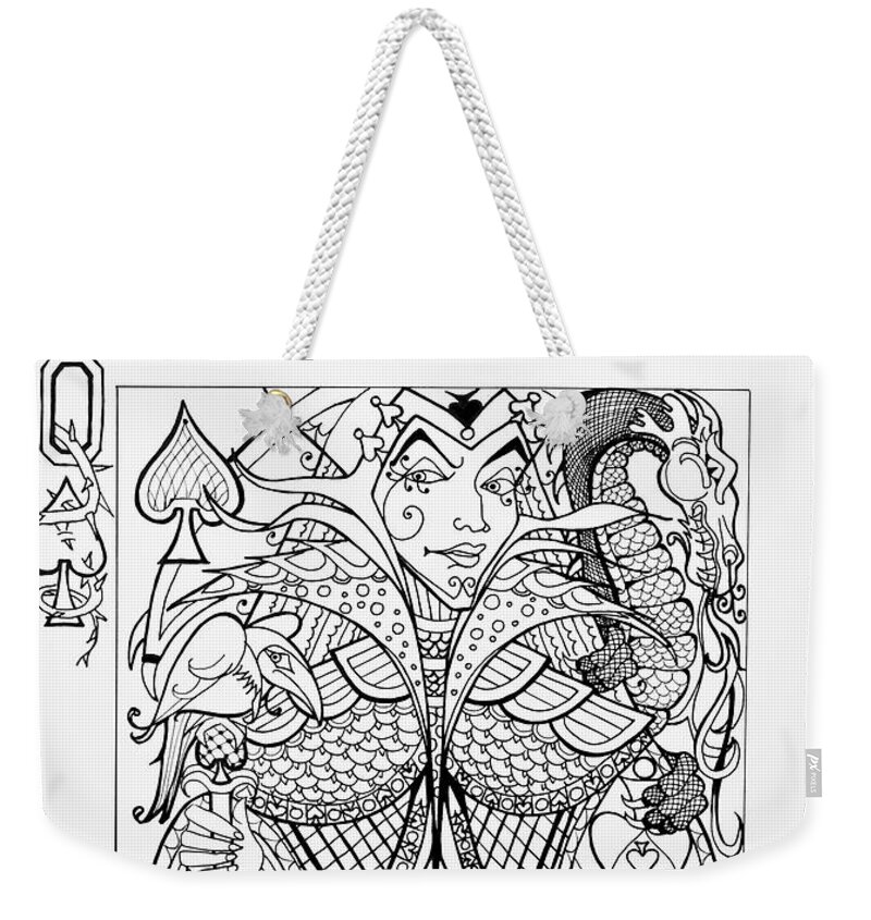 Queen Of Spades Weekender Tote Bag featuring the drawing Queen Of Spades by Jani Freimann