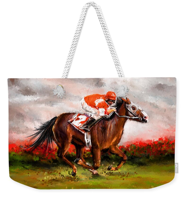 Horse Racing Weekender Tote Bag featuring the painting Quest For The Win - Horse Racing Art by Lourry Legarde