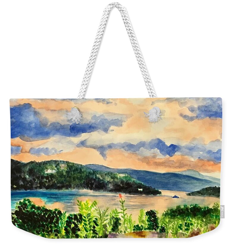 Sunset Weekender Tote Bag featuring the painting Quiet Waters by Judy Swerlick
