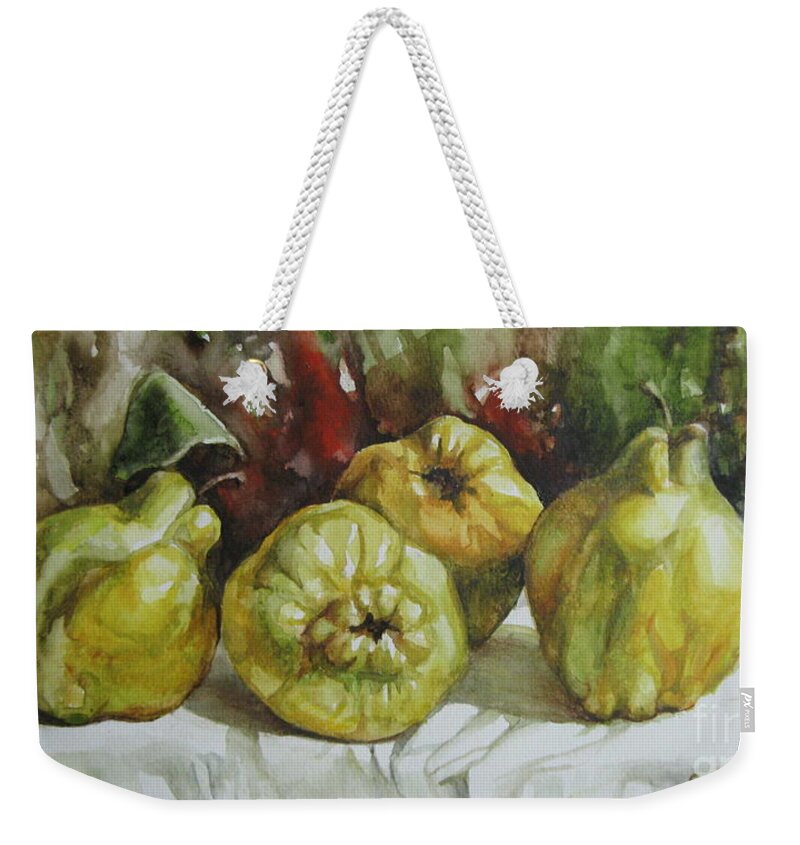Quince Weekender Tote Bag featuring the painting Quinces by Elena Oleniuc
