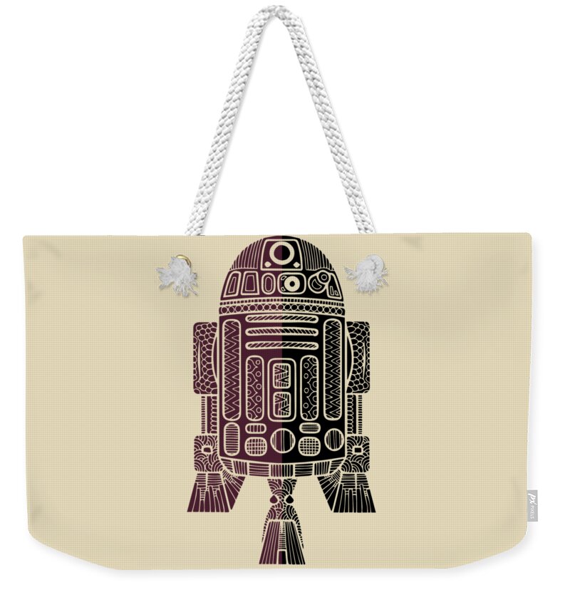 R2d2 Weekender Tote Bag featuring the mixed media R2D2 - Star Wars Art - Purple by Studio Grafiikka