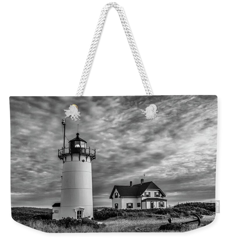 Beacon Weekender Tote Bag featuring the photograph Race Point Lighthouse Sunset BW by Susan Candelario
