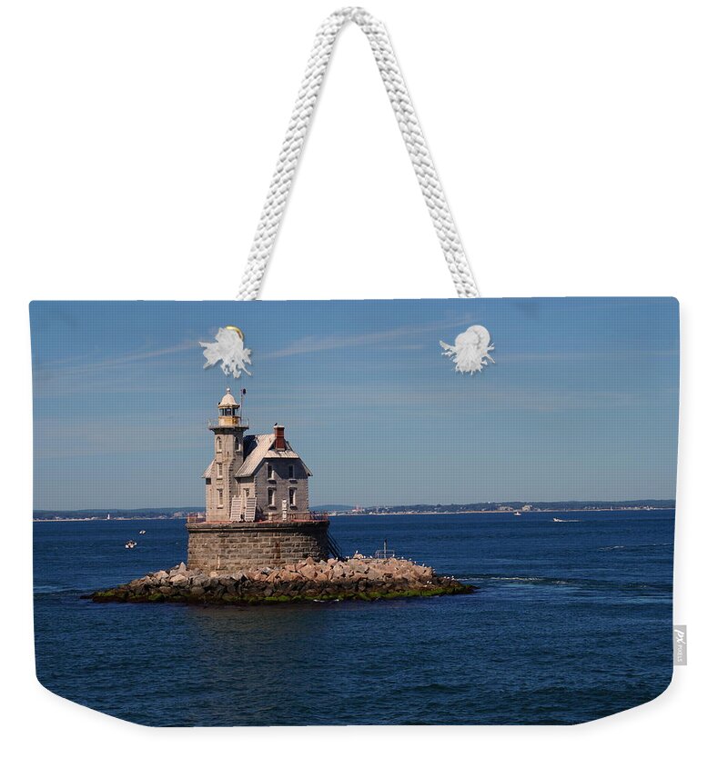 Blue Sky Weekender Tote Bag featuring the photograph Race Rock Lighthouse by Beth Collins