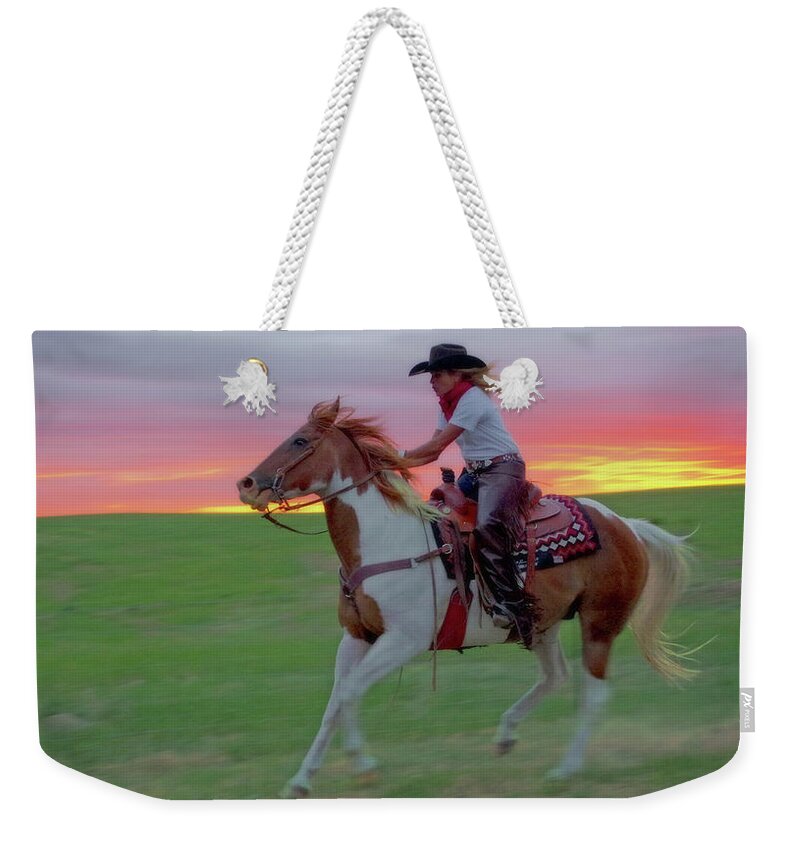Horse Weekender Tote Bag featuring the photograph Racing the Sunset by Amanda Smith