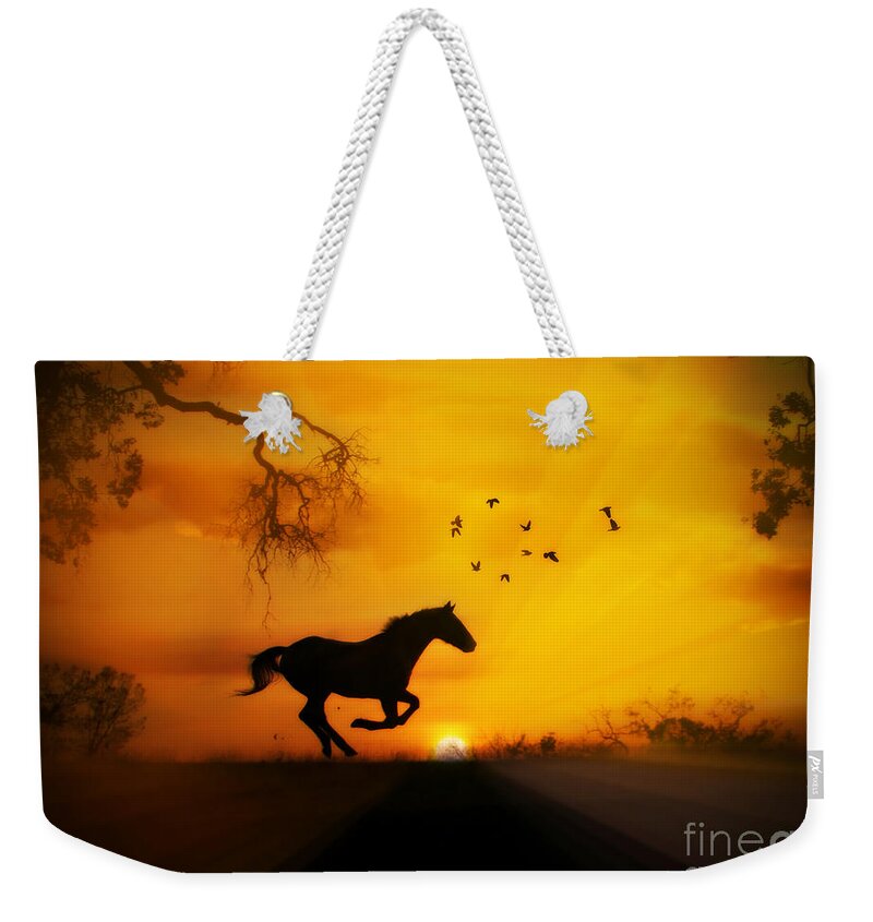Horse Weekender Tote Bag featuring the photograph Radiant Run Horse and Sunrise by Stephanie Laird