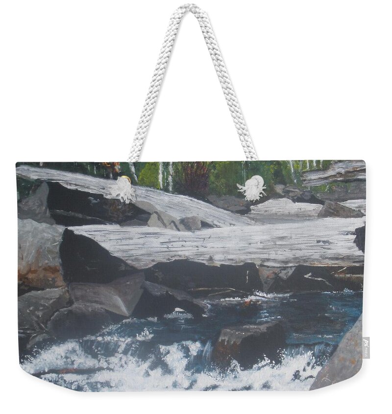 Landscape Weekender Tote Bag featuring the painting Ragged Falls by Betty-Anne McDonald
