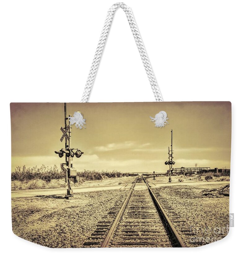 Railroad Crossing Weekender Tote Bag featuring the digital art Railroad Crossing Textured by Joe Lach