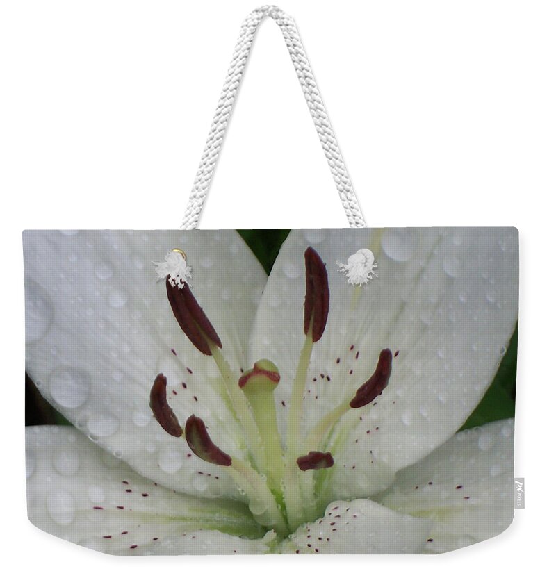 Flowers Weekender Tote Bag featuring the photograph Rain Drops on Lily by Cris Fulton