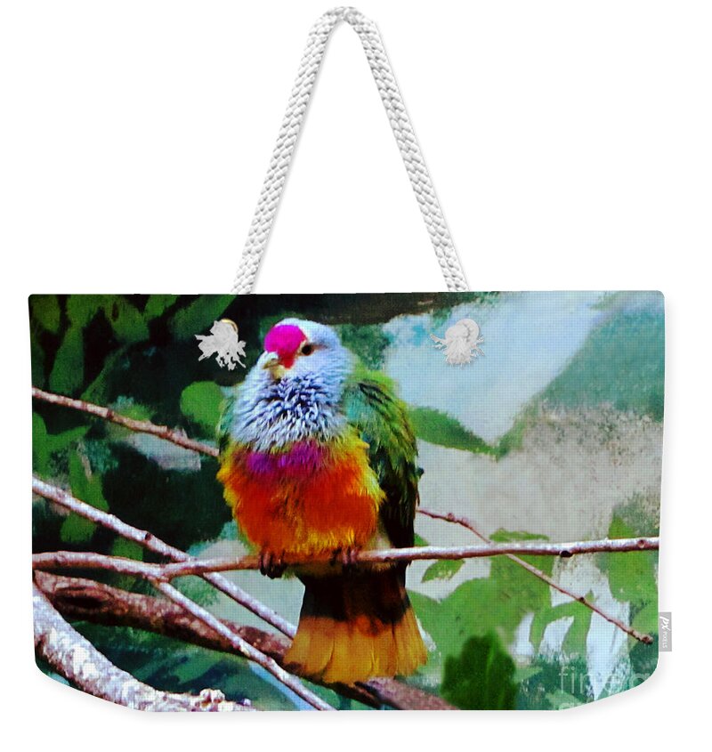 Abstract Weekender Tote Bag featuring the painting Rain Forrest Bird 1 by Mas Art Studio