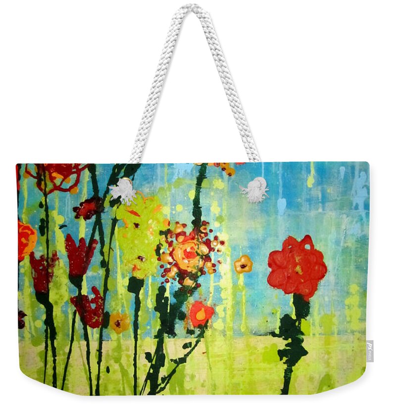 Flower Paintings Weekender Tote Bag featuring the painting Rain or Shine by Ashley Lane