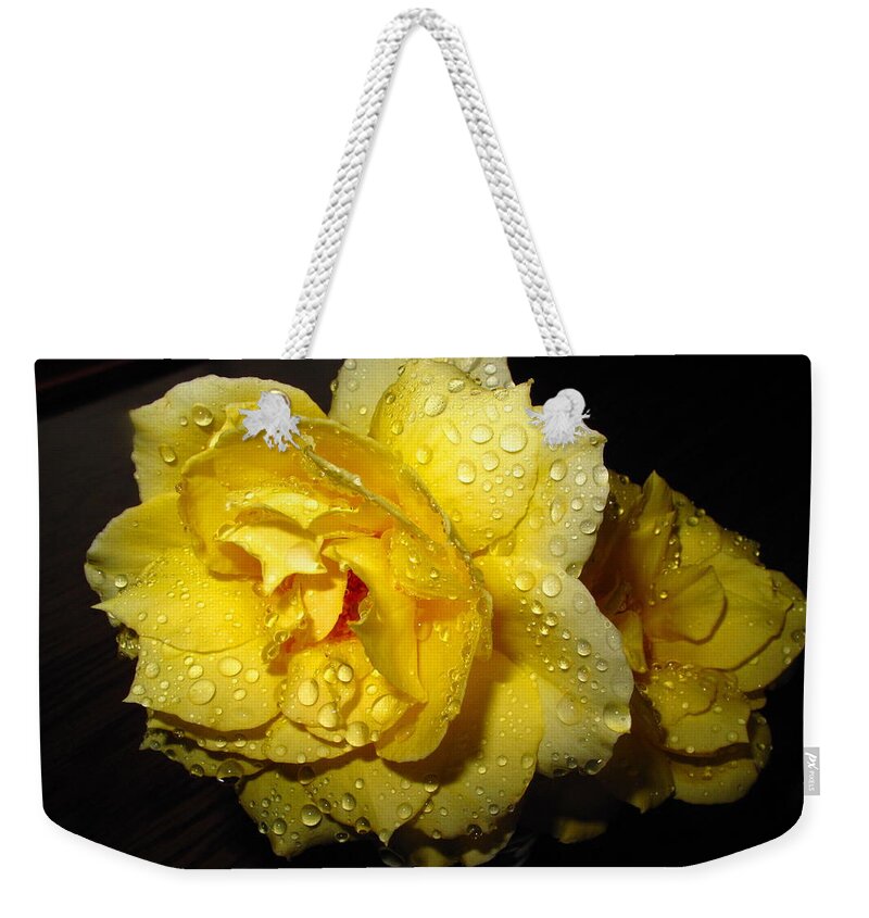 Rose Weekender Tote Bag featuring the photograph Rain Soaked Yellow Rose by Joyce Dickens