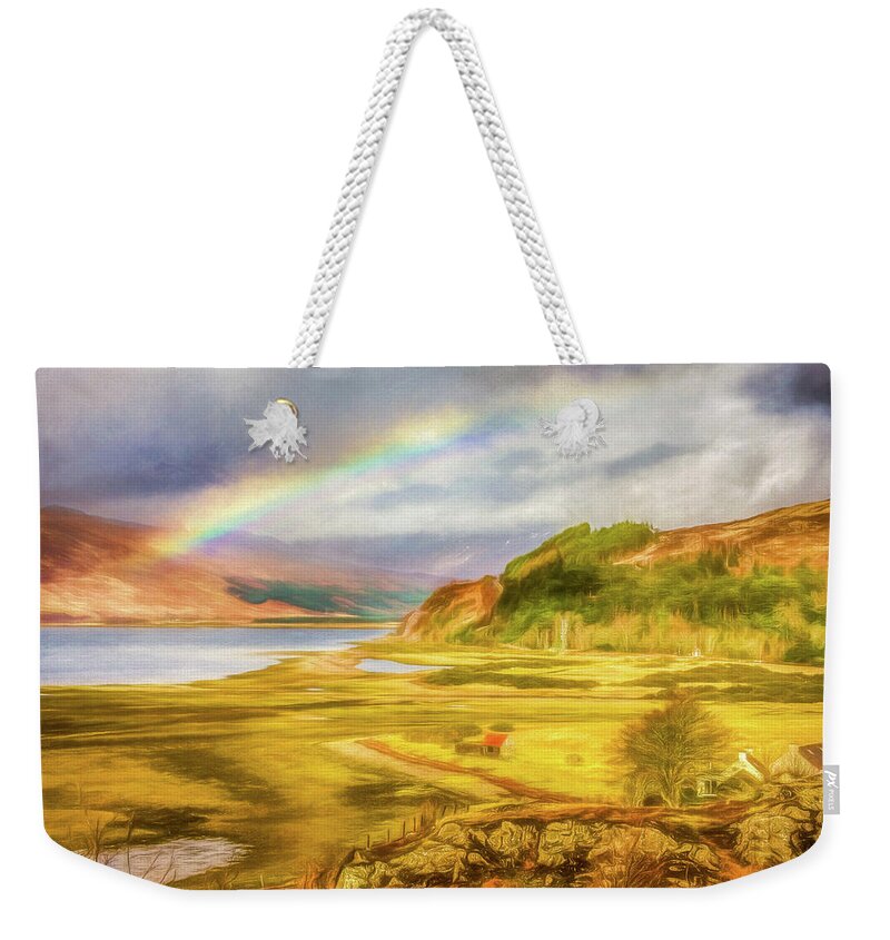 Cloud Weekender Tote Bag featuring the photograph Painted effect - Rainbow across the valley by Sue Leonard