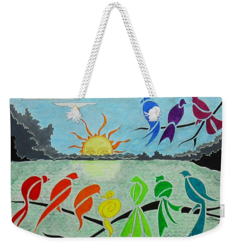 Rainbow Birds Weekender Tote Bag featuring the painting Rainbow Birds Sunrise -- Stylized Birds on Branches in Rainbow Colors by Jayne Somogy