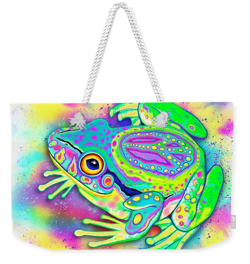 Frog Weekender Tote Bag featuring the digital art Rainbow Color Peace Frog by Nick Gustafson