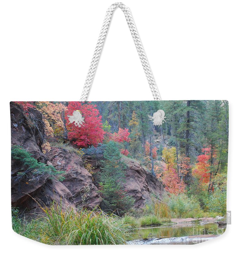 Sedona Weekender Tote Bag featuring the photograph Rainbow of the Season with River by Heather Kirk