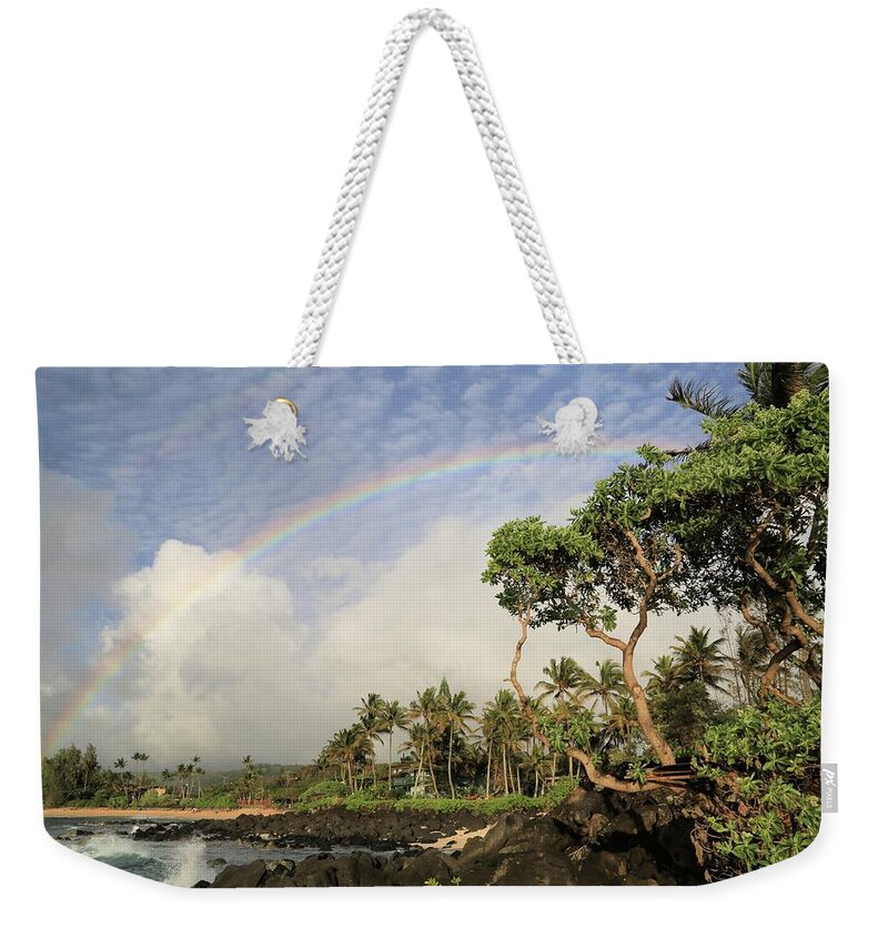 Photosbymch Weekender Tote Bag featuring the photograph Rainbow over the Beach by M C Hood