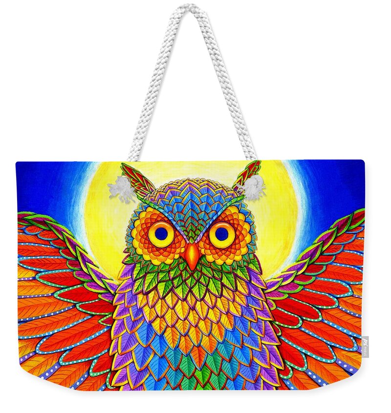 Owl Weekender Tote Bag featuring the drawing Rainbow Owl by Rebecca Wang