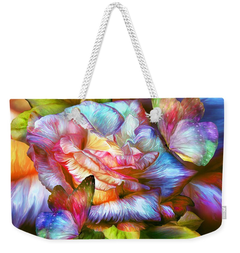 Carol Cavalaris Weekender Tote Bag featuring the mixed media Rainbow Rose And Butterflies by Carol Cavalaris