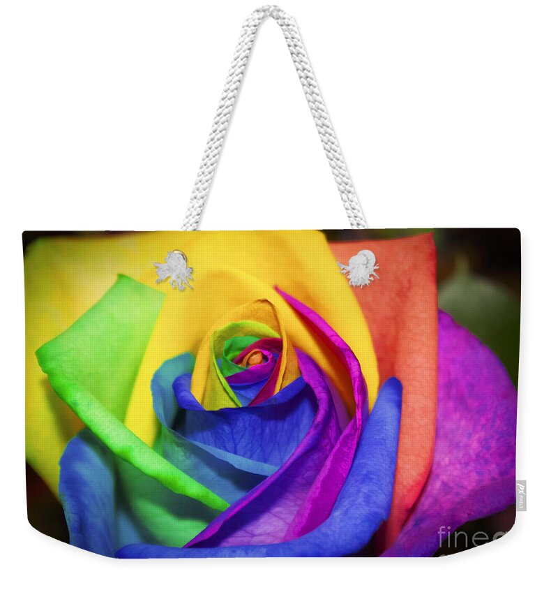Rainbow Weekender Tote Bag featuring the painting Rainbow Rose in Paint by Janice Pariza