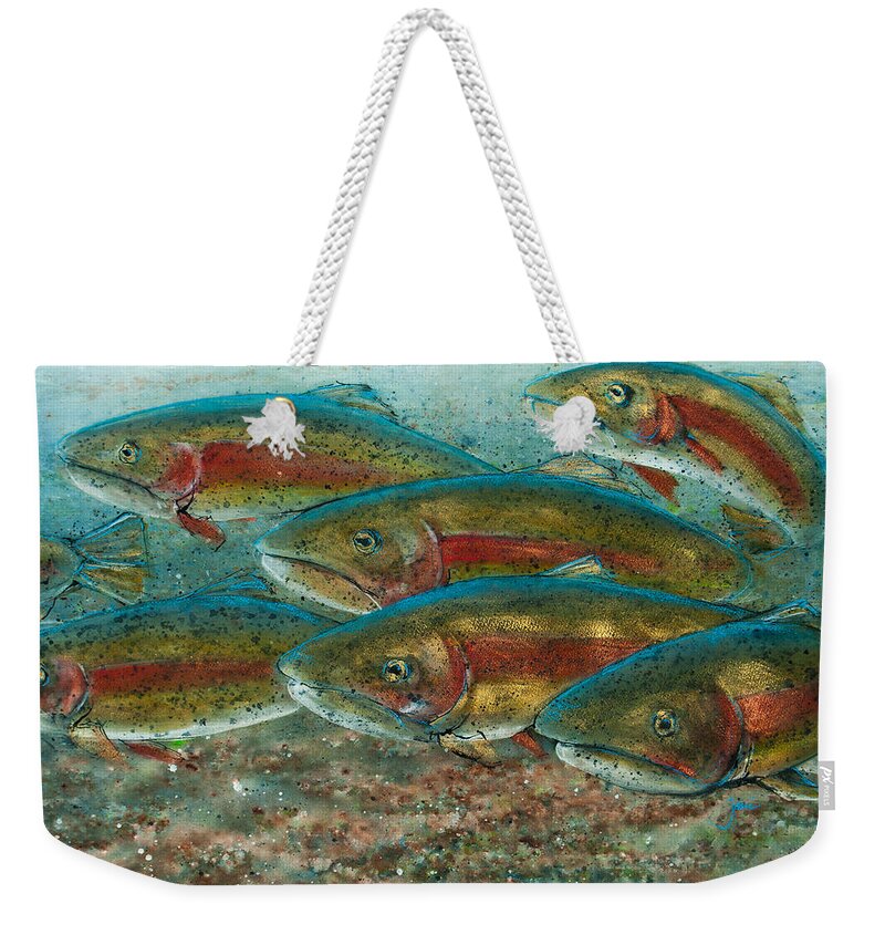 Fish Weekender Tote Bag featuring the painting Rainbow Trout Fish Run by Jani Freimann