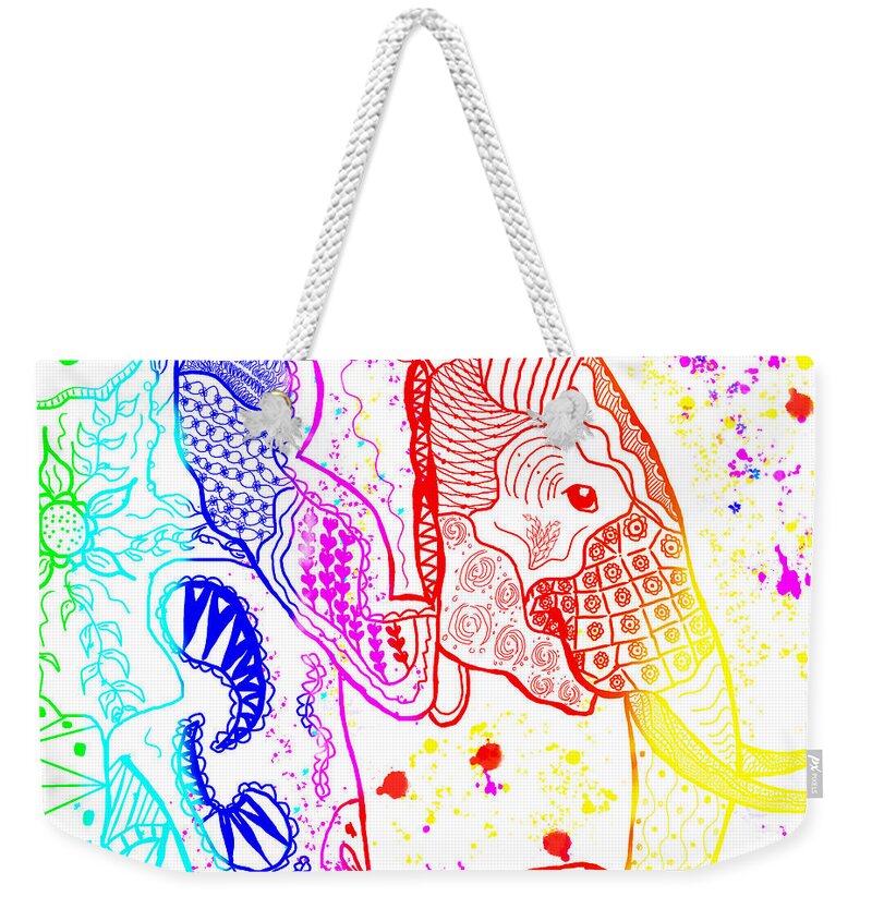 Zentangle Weekender Tote Bag featuring the painting Rainbow Zentangle Elephant by Becky Herrera