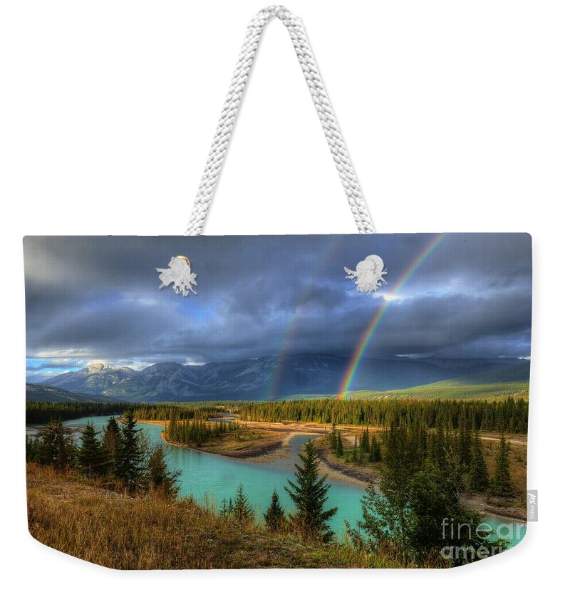 Rainbows On The Athabasca Weekender Tote Bag featuring the photograph Rainbows on the Athabasca River Jasper National Park by Wayne Moran