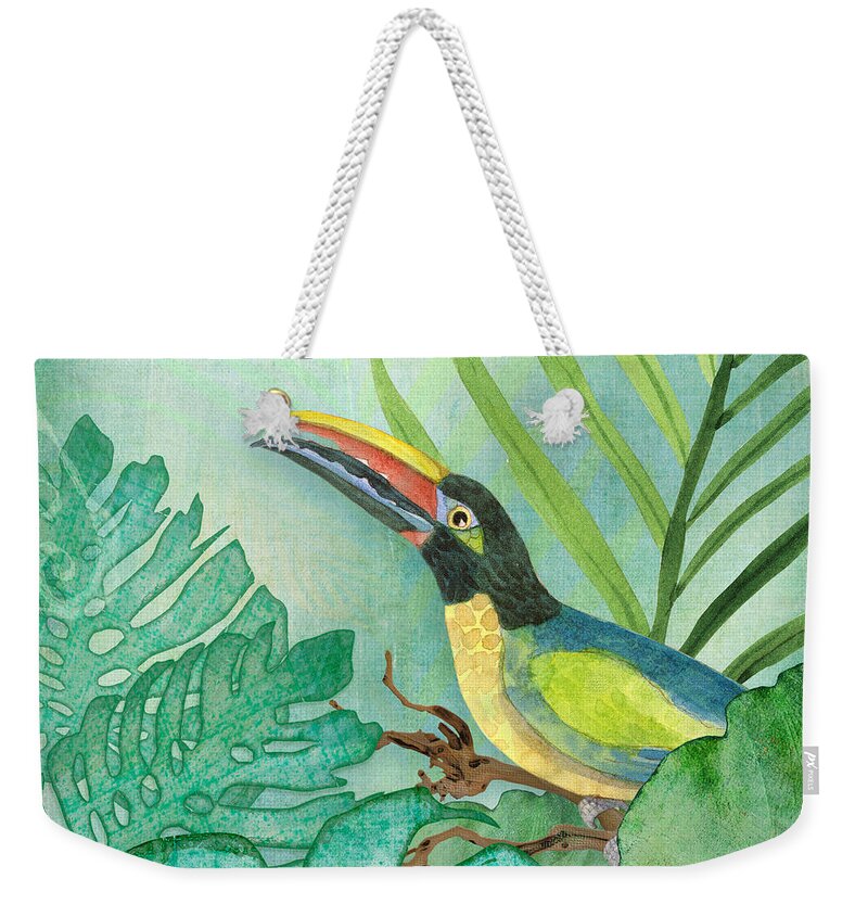Square Format Weekender Tote Bag featuring the painting Rainforest Tropical - Jungle Toucan w Philodendron Elephant Ear and Palm Leaves 2 by Audrey Jeanne Roberts