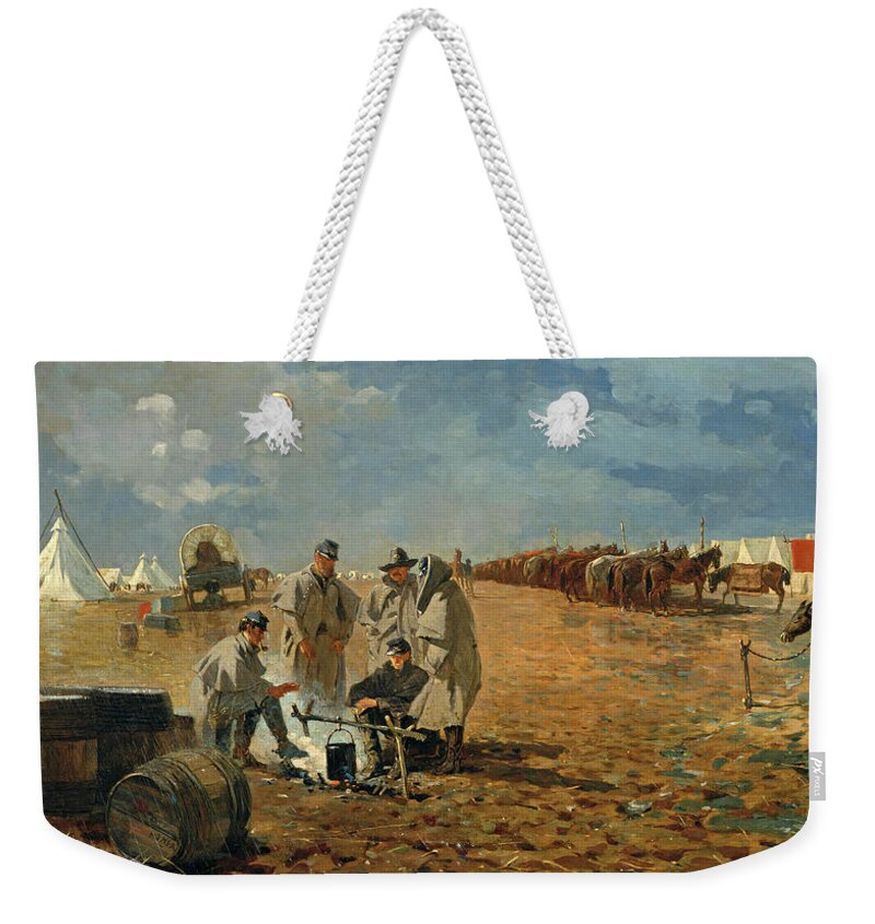 Winslow Homer Weekender Tote Bag featuring the painting Rainy Day in Camp by Winslow Homer