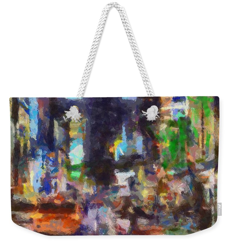 Street Scenes Weekender Tote Bag featuring the painting Rainy Day In Times Square by Dragica Micki Fortuna