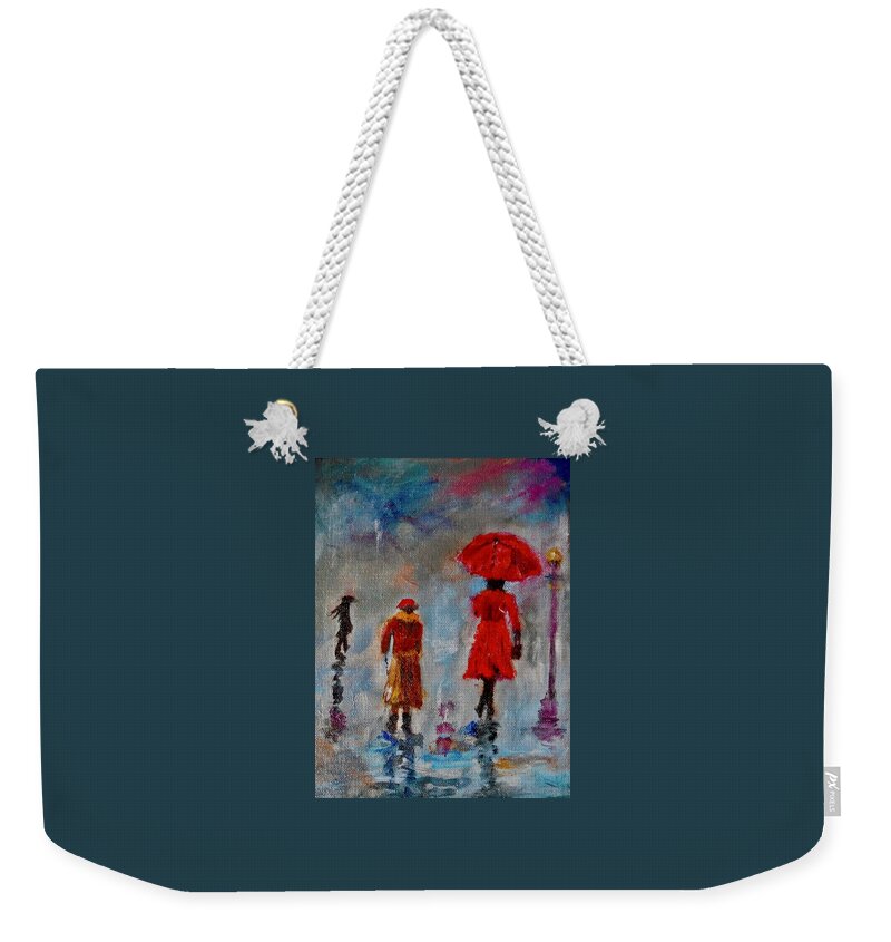 Landscape Weekender Tote Bag featuring the painting Rainy Spring Day by Sher Nasser