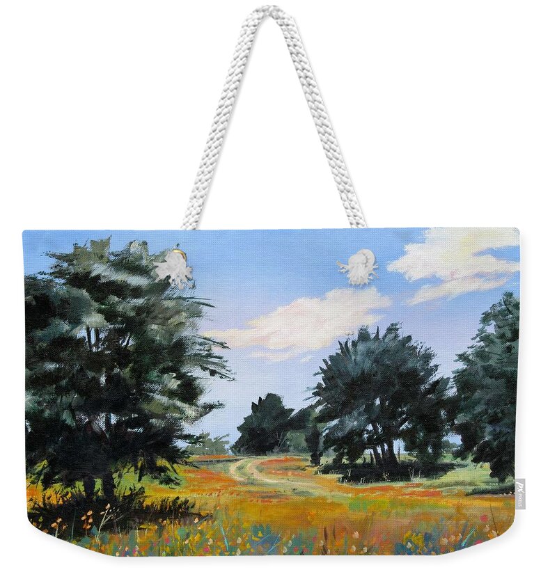 Texas Landscape Weekender Tote Bag featuring the painting Ranch Road Near Bandera Texas by Adele Bower