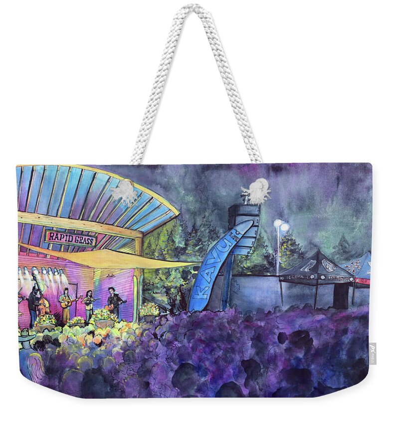 Rapidgrass Weekender Tote Bag featuring the painting Rapid Grass playing Clear Creek RapidGrass Bluegrass Festival by David Sockrider