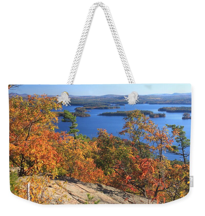 Squam Lake Weekender Tote Bag featuring the photograph Rattlesnake Cliffs Squam Lake by John Burk