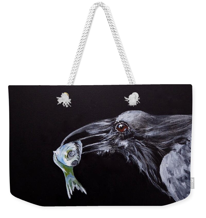 Raven Weekender Tote Bag featuring the painting Raven with Fish by Pat Dolan