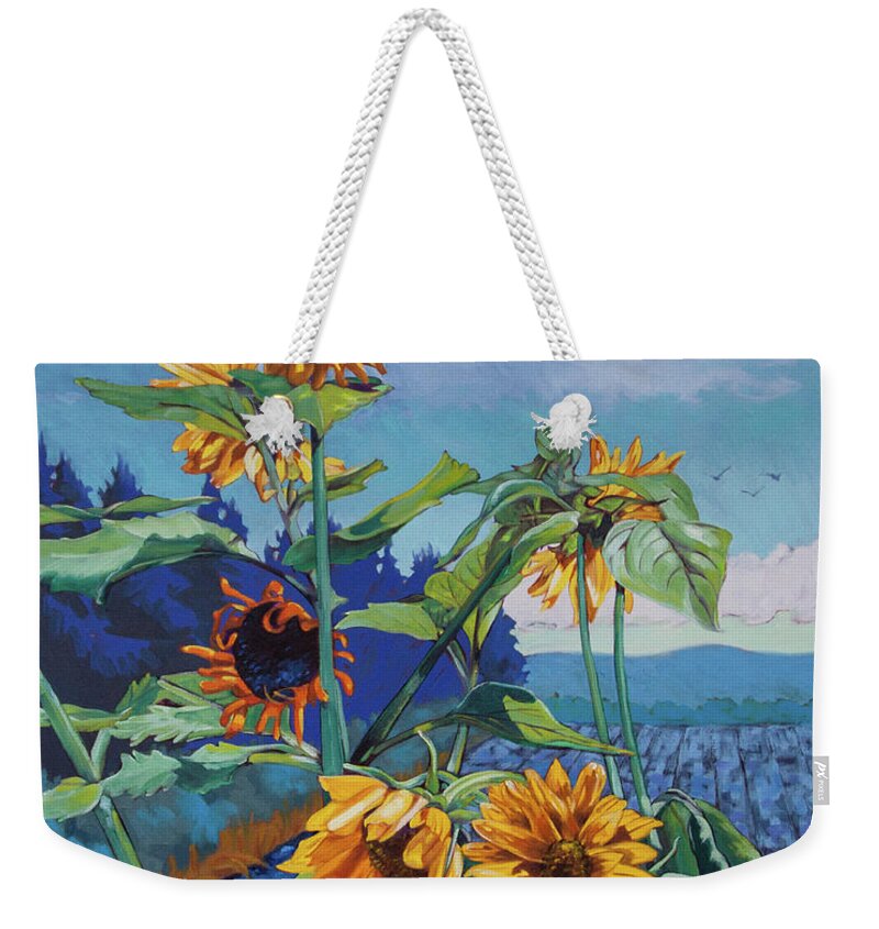 Painted Sunflowers 24x30 Oil On Canvas Weekender Tote Bag featuring the painting Ray's Sunflowers by Rob Owen