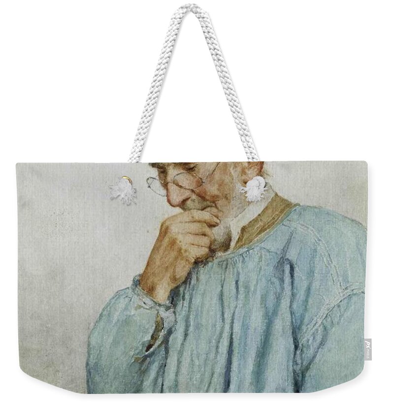 Albert Anker Weekender Tote Bag featuring the painting Reading grandfather by MotionAge Designs