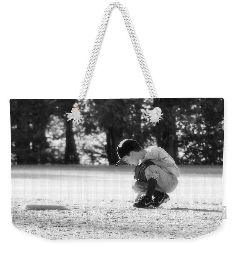 Monochrome Weekender Tote Bag featuring the pyrography Ready at Second Base by Harry Moulton