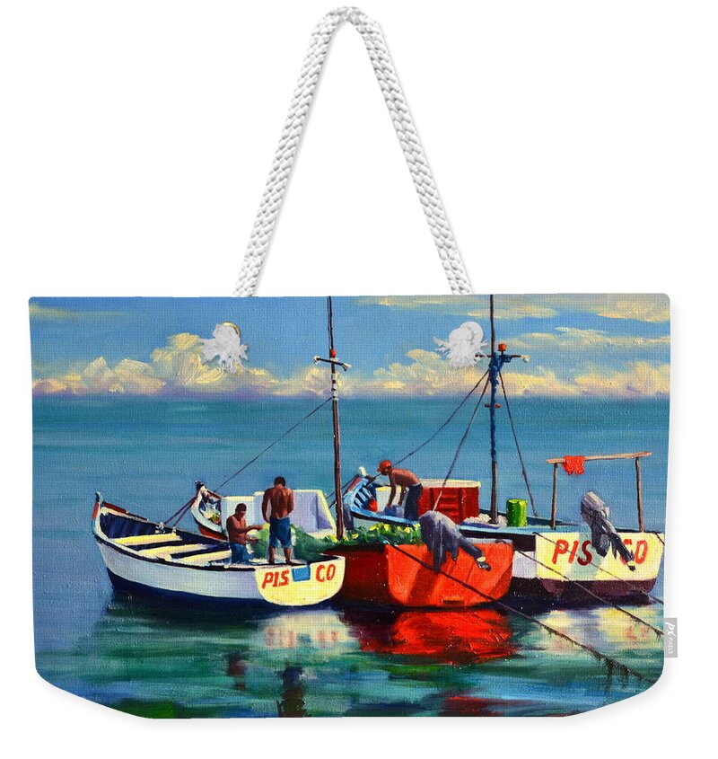Seascape Weekender Tote Bag featuring the painting Ready for the Sea, Peru Impression by Ningning Li