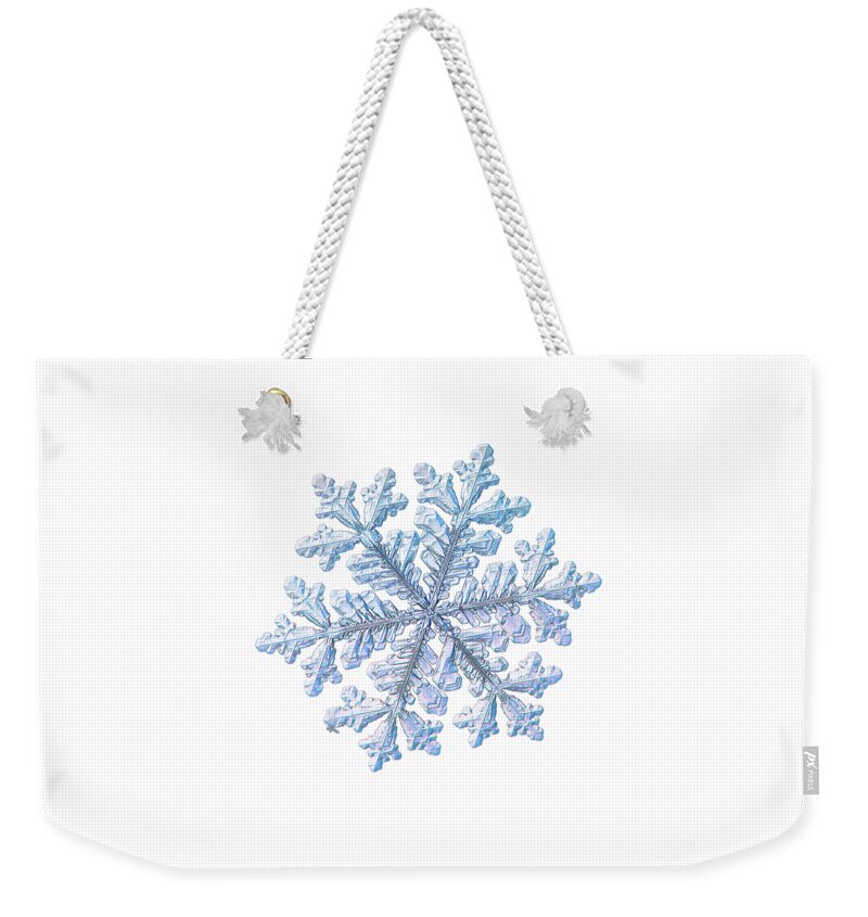 Snowflake Weekender Tote Bag featuring the photograph Real snowflake - Hyperion white by Alexey Kljatov