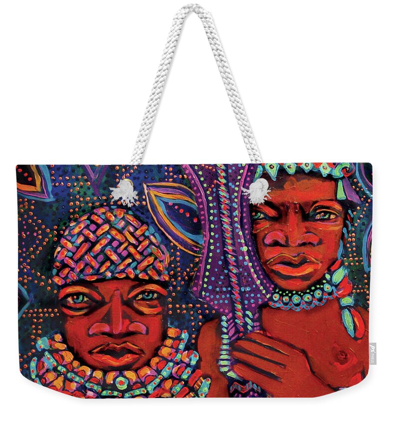 African Weekender Tote Bag featuring the mixed media reCalling the Spirit Attendants with Paddles by Cora Marshall